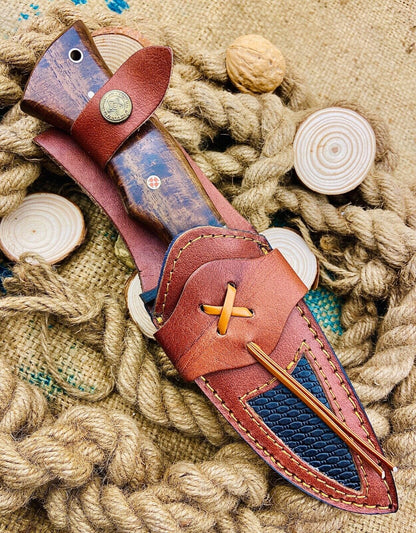 Handmade Damascus Steel Tracker Knife – Hand Forged Hunting Knife with Wood Handle & Sheath