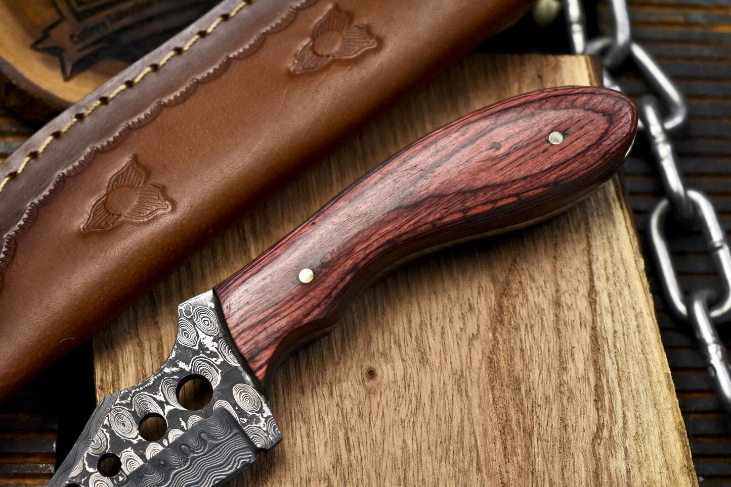 Handmade Skinner Knife Rain Drop Damascus Hard Wood Sports Veterans Gift w/ Leather Sheath