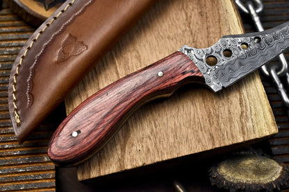 Handmade Skinner Knife Rain Drop Damascus Hard Wood Sports Veterans Gift w/ Leather Sheath