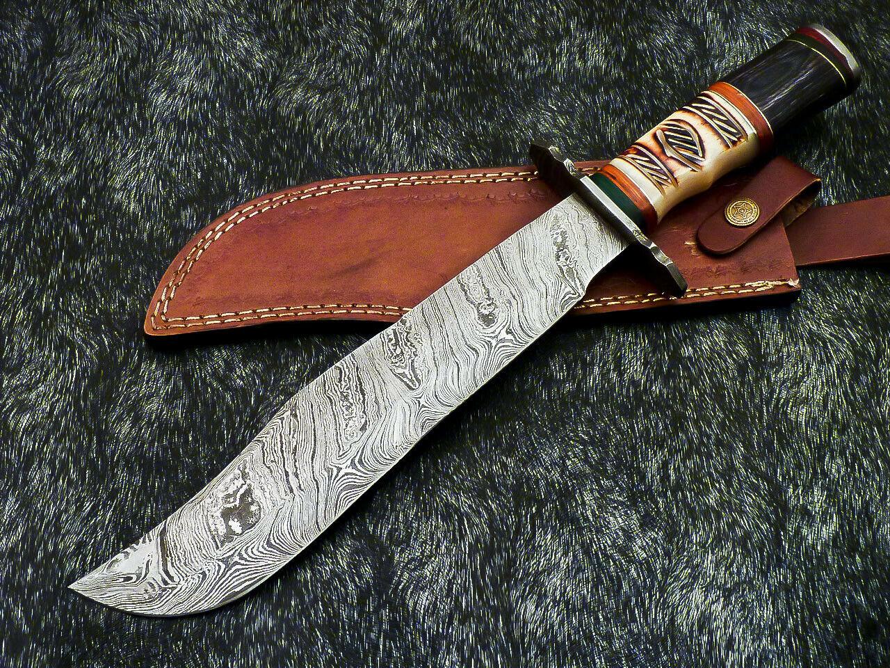 Hand Forged Damascus 15.5" Bowie Hunting Knife | Hard Wood & Camel Bone Handle