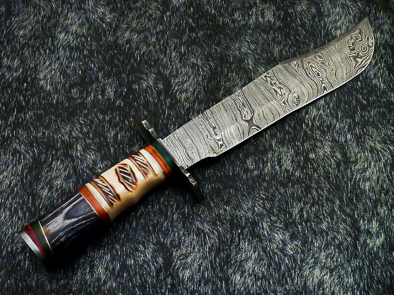 Hand Forged Damascus 15.5" Bowie Hunting Knife | Hard Wood & Camel Bone Handle
