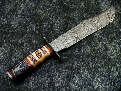 Hand Forged Damascus 15.5" Bowie Hunting Knife | Hard Wood & Camel Bone Handle