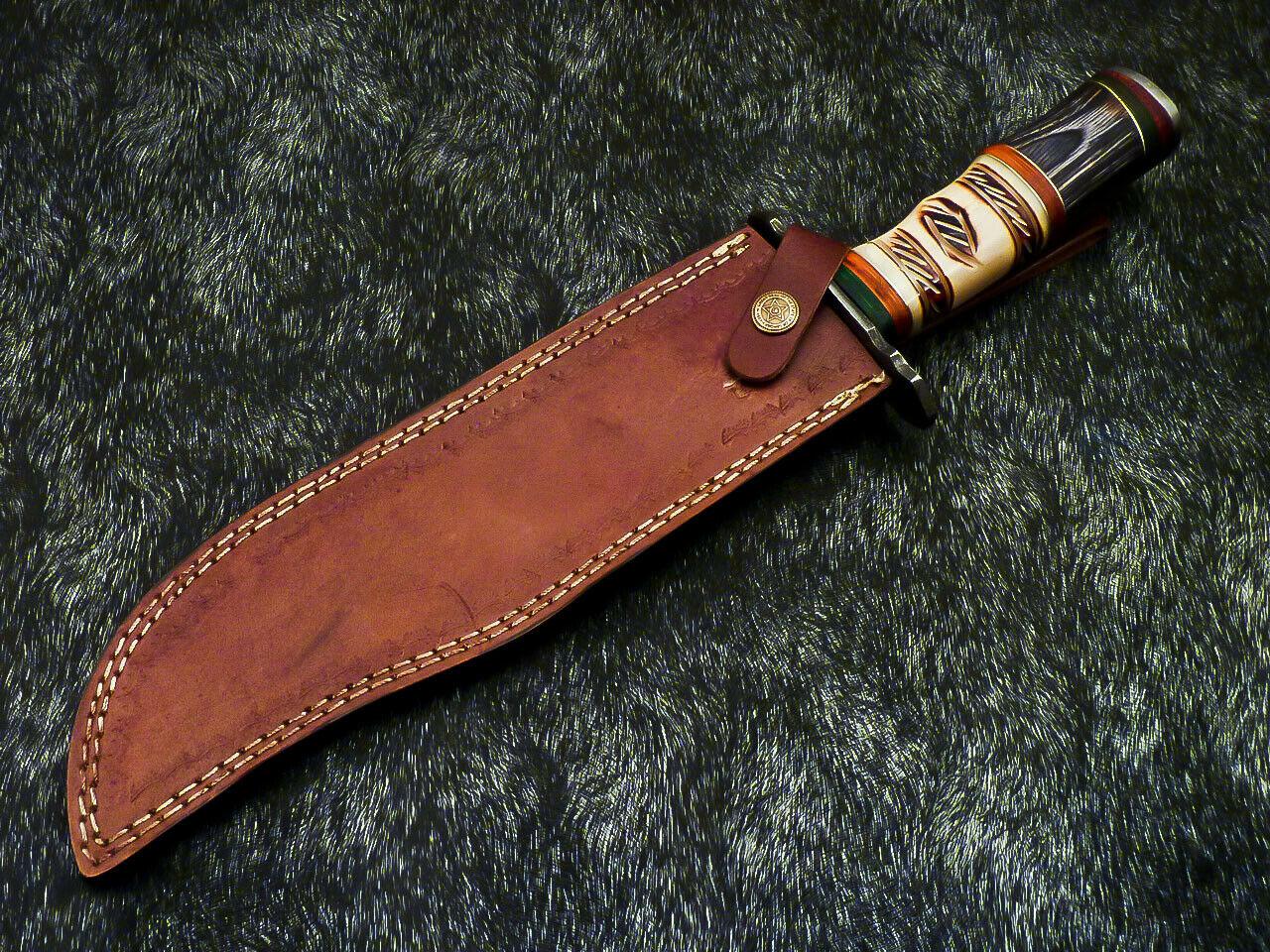 Hand Forged Damascus 15.5" Bowie Hunting Knife | Hard Wood & Camel Bone Handle
