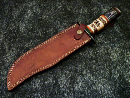 Hand Forged Damascus 15.5" Bowie Hunting Knife | Hard Wood & Camel Bone Handle