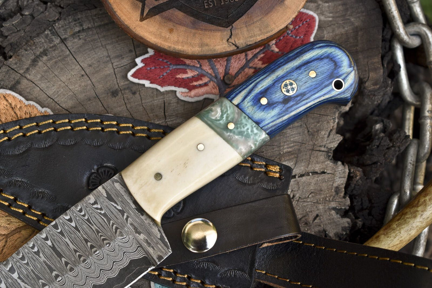 9" Handmade Ladder Damascus Skinner Knife Mixed Material Handle Hunting Razor Sharp