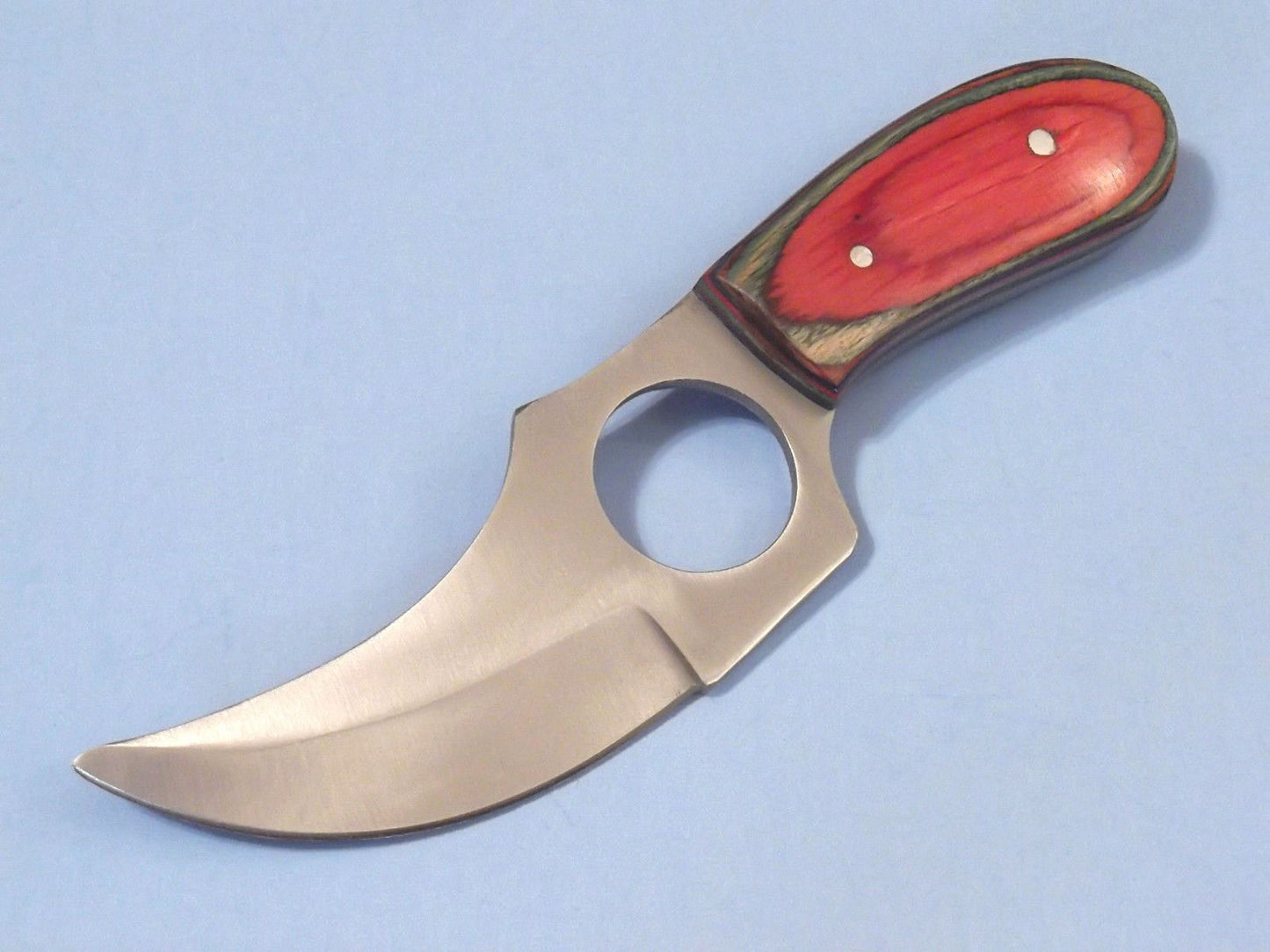 Short Skinner Knife – 5.75" Full Tang Stainless Blade, Multi-Color Wood Handle, Finger Hole, Leather Sheath