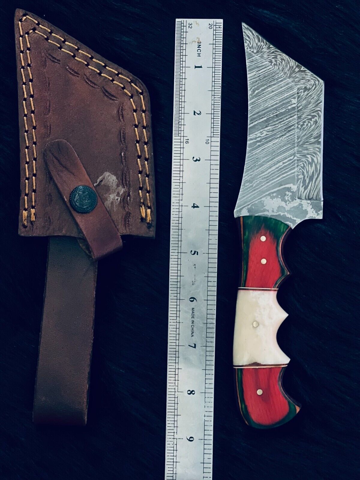 8.5" Twist Damascus Bowie Knife – Camel Bone & Wood Handle