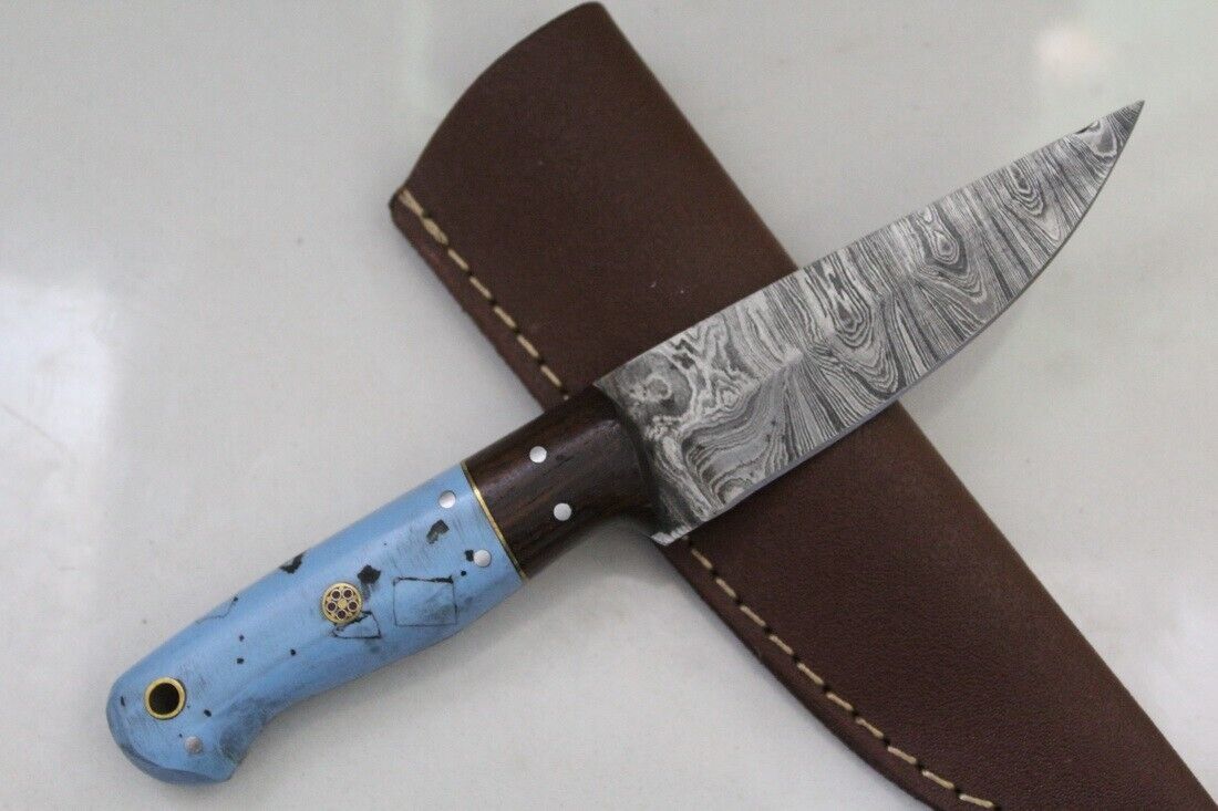 Twist Damascus Skinner Knife with Acrylic Handle and Mosaic Pins Hunting Blade