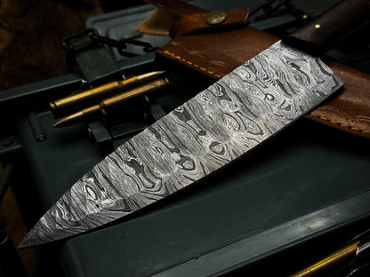 Handmade Damascus Steel Chef Knife – Wood Handle & Leather Sheath by 2a Knives