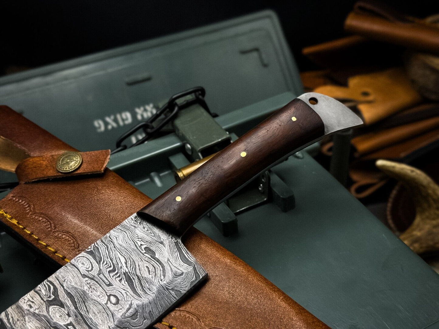 Handmade Damascus Steel Chef Knife – Wood Handle & Leather Sheath by 2a Knives