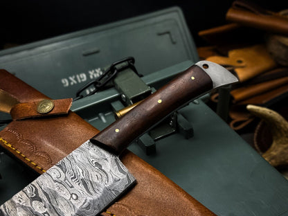 Handmade Damascus Steel Chef Knife – Wood Handle & Leather Sheath by 2a Knives