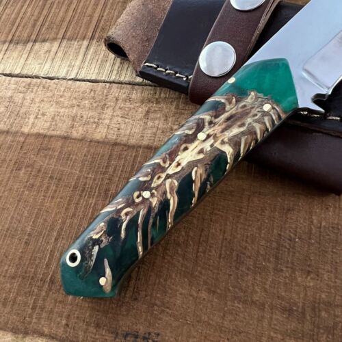 9 Inch D2 Steel Handmade Bowie Knife with Pine Resin Handle and Leather Sheath
