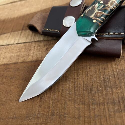 9 Inch D2 Steel Handmade Bowie Knife with Pine Resin Handle and Leather Sheath