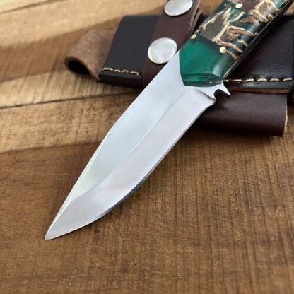 9 Inch D2 Steel Handmade Bowie Knife with Pine Resin Handle and Leather Sheath