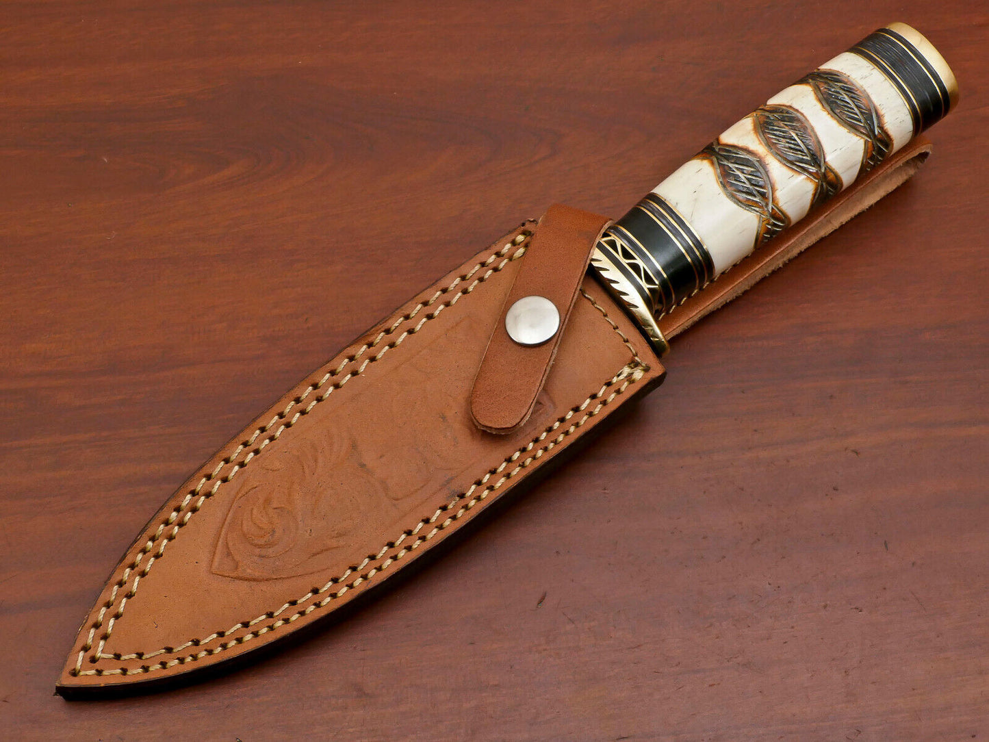 Burn Camel Bone Damascus Art Dagger Bowie – 11" Custom Hunting Knife