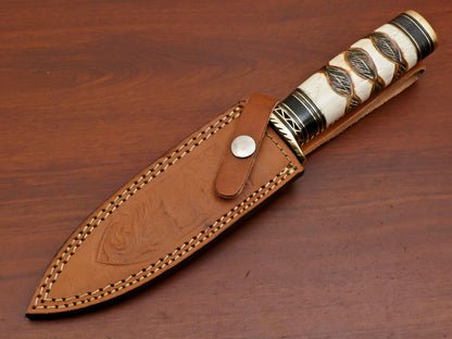Burn Camel Bone Damascus Art Dagger Bowie – 11" Custom Hunting Knife