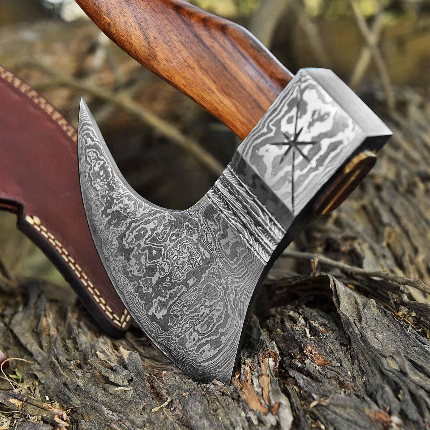 Custom Hand Forged Damascus Steel Viking Outdoor Camping Hatchet Tomahawk Axe with Natural Wood Handle and Leather Sheath
