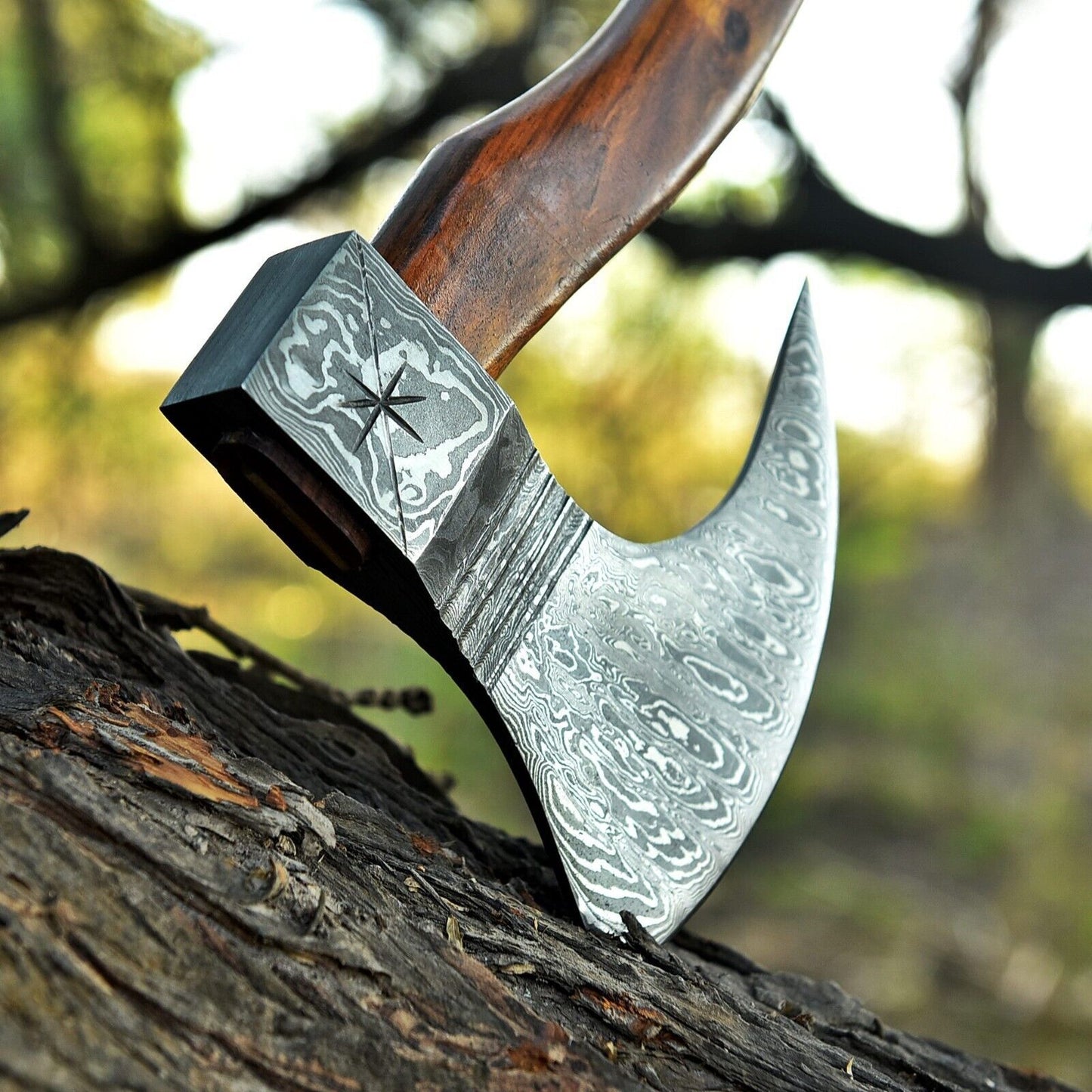 Custom Hand Forged Damascus Steel Viking Outdoor Camping Hatchet Tomahawk Axe with Natural Wood Handle and Leather Sheath