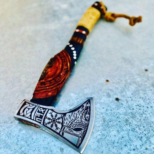 20" Hand Forged Viking Axe with Etched Carbon Steel Head and Wooden Handle