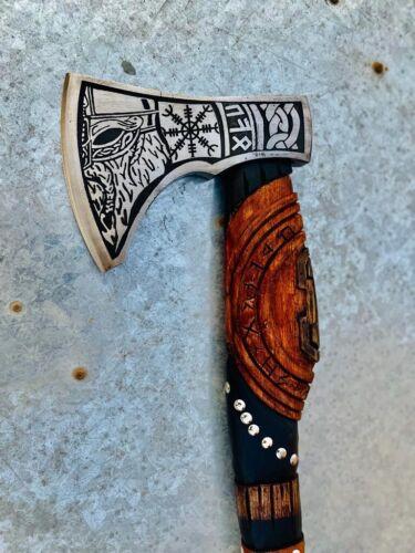 20" Hand Forged Viking Axe with Etched Carbon Steel Head and Wooden Handle