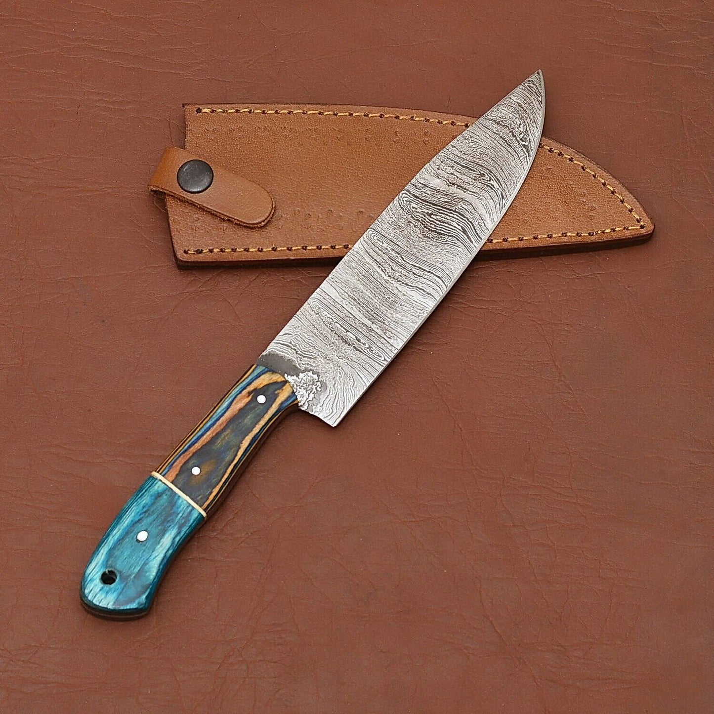 Premium Handmade Raindrop Damascus Steel Chef Fillet Knife with Pakka Wood Handle & Leather Sheath