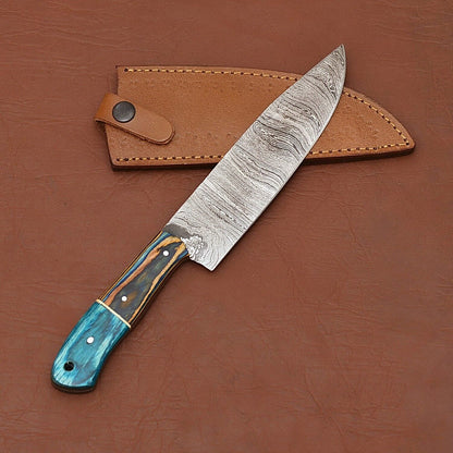 Premium Handmade Raindrop Damascus Steel Chef Fillet Knife with Pakka Wood Handle & Leather Sheath