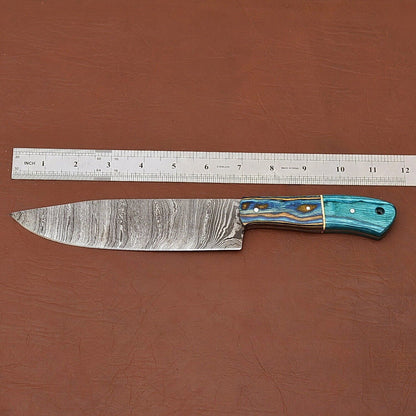 Premium Handmade Raindrop Damascus Steel Chef Fillet Knife with Pakka Wood Handle & Leather Sheath