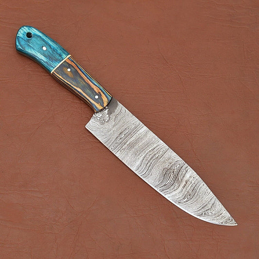 Premium Handmade Raindrop Damascus Steel Chef Fillet Knife with Pakka Wood Handle & Leather Sheath