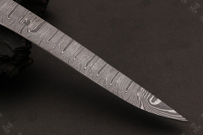 12" Custom Hand Forged Twist Damascus Fillet Knife With Wood Handle & Leather Sheath