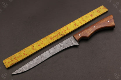 12" Custom Hand Forged Twist Damascus Fillet Knife With Wood Handle & Leather Sheath