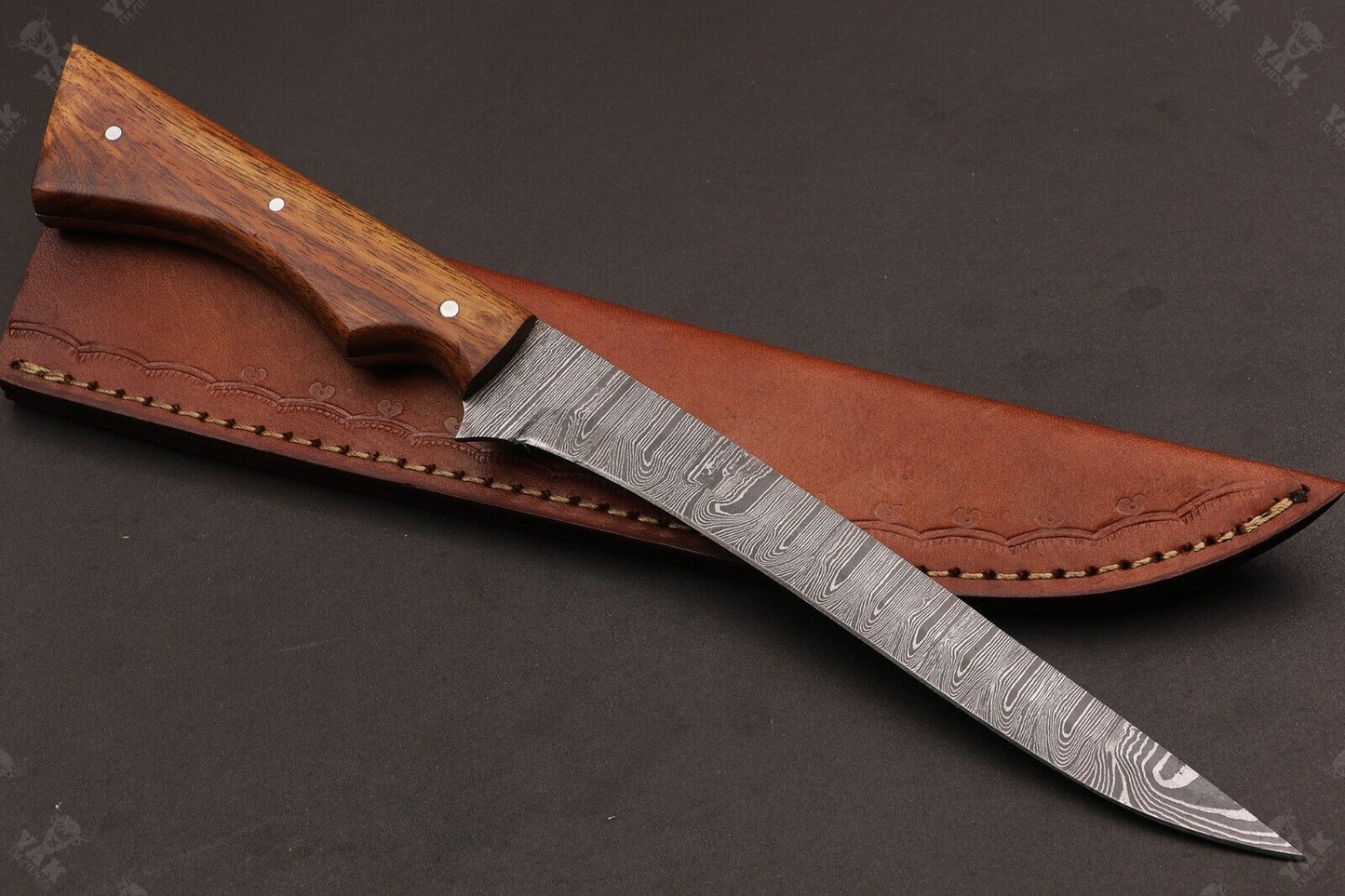 12" Custom Hand Forged Twist Damascus Fillet Knife With Wood Handle & Leather Sheath