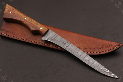 12" Custom Hand Forged Twist Damascus Fillet Knife With Wood Handle & Leather Sheath