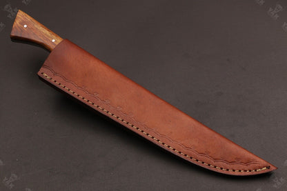12" Custom Hand Forged Twist Damascus Fillet Knife With Wood Handle & Leather Sheath
