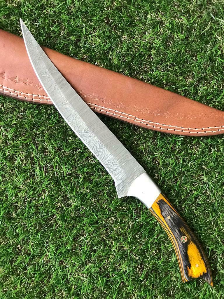 12.5" HANDMADE TWIST DAMASCUS STEEL FILLET KNIFE & Best Fillet Knife With Leather Sheath