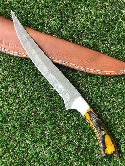 12.5" HANDMADE TWIST DAMASCUS STEEL FILLET KNIFE & Best Fillet Knife With Leather Sheath
