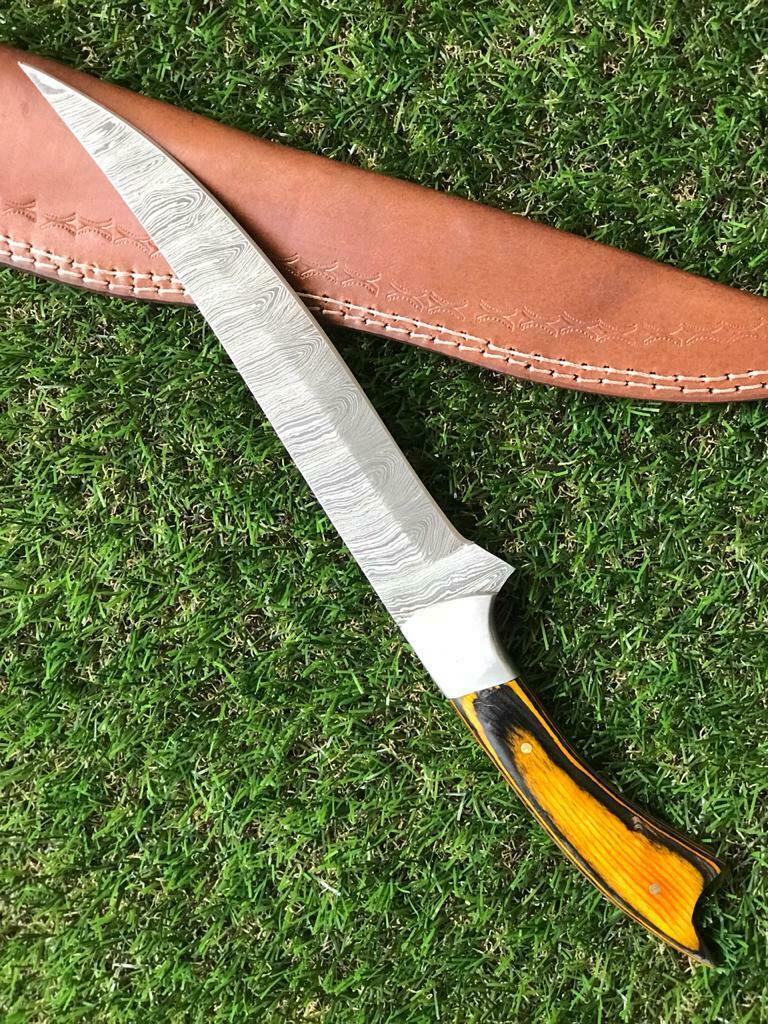 12.5" HANDMADE TWIST DAMASCUS STEEL FILLET KNIFE & Best Fillet Knife With Leather Sheath