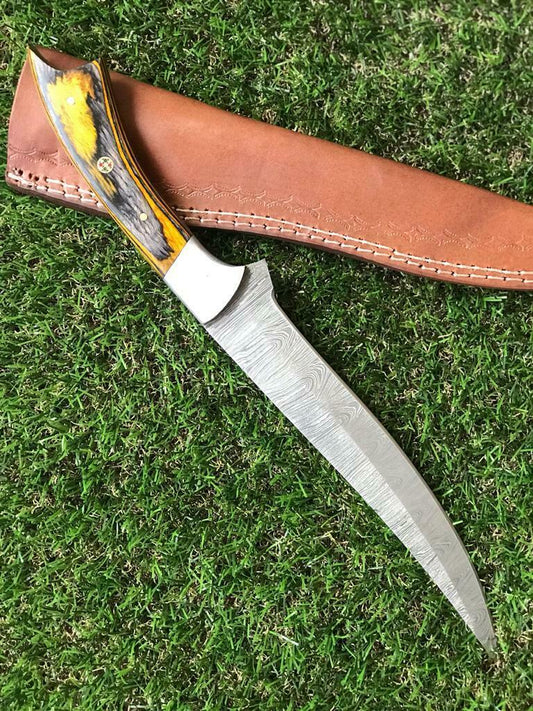12.5" HANDMADE TWIST DAMASCUS STEEL FILLET KNIFE & Best Fillet Knife With Leather Sheath