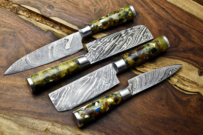 4-Piece Handmade Damascus Steel Chef Knife Set – Professional Kitchen Cooking Knives