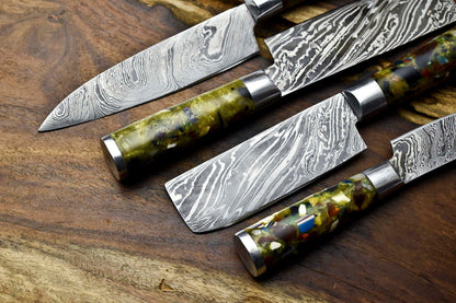 Set of 4 Artisan Handmade Damascus Steel Chef Knives – Premium Forged Kitchen Blades