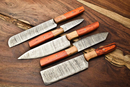 Lot of 5 Handmade Damascus Steel Blade Chef Knife Set with Leather Sheath