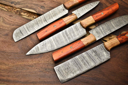 Lot of 5 Handmade Damascus Steel Blade Chef Knife Set with Leather Sheath