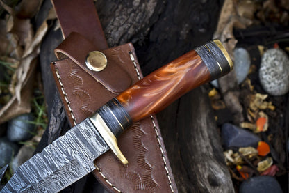 Hand Forged Twist Damascus Skinner Knife with Gut Hook Corian Handle and Leather Sheath