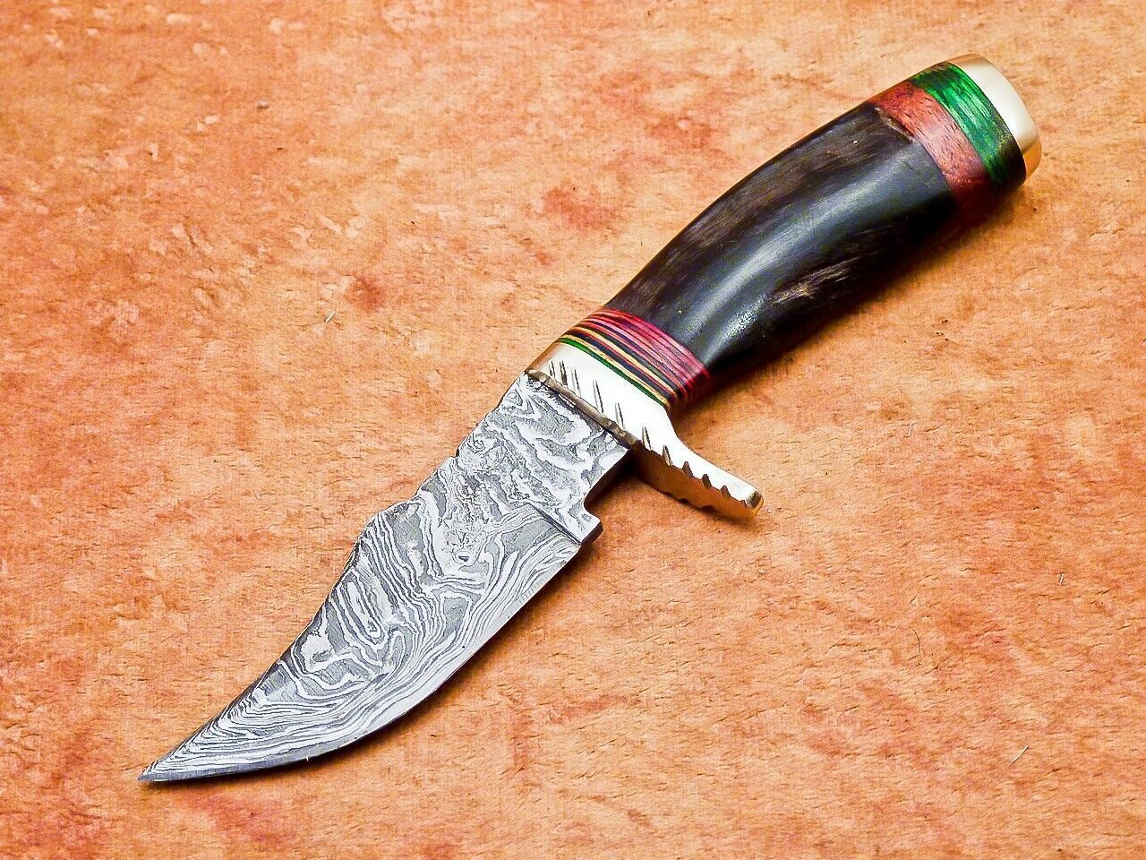 6" Damascus Steel Hunting Knife – Ram Horn & Hardwood Handle | Compact Handmade Blade with Sheath