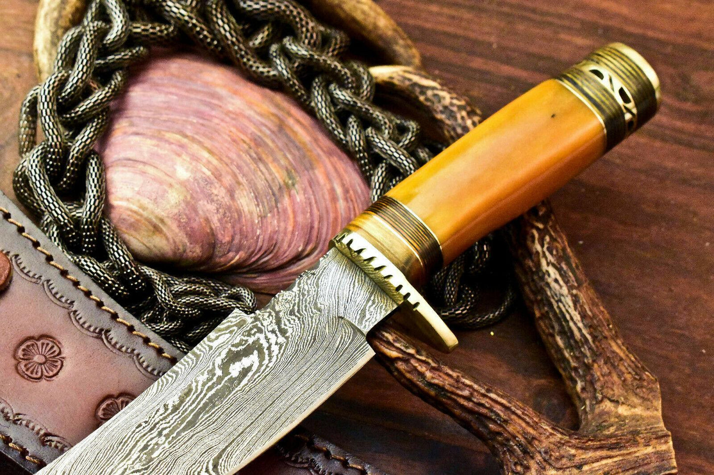 13" Handmade Damascus Steel Bowie Hunting Knife | Stained Camel Bone