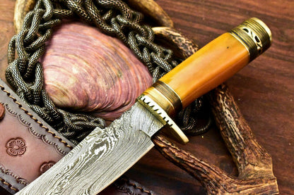 13" Handmade Damascus Steel Bowie Hunting Knife | Stained Camel Bone
