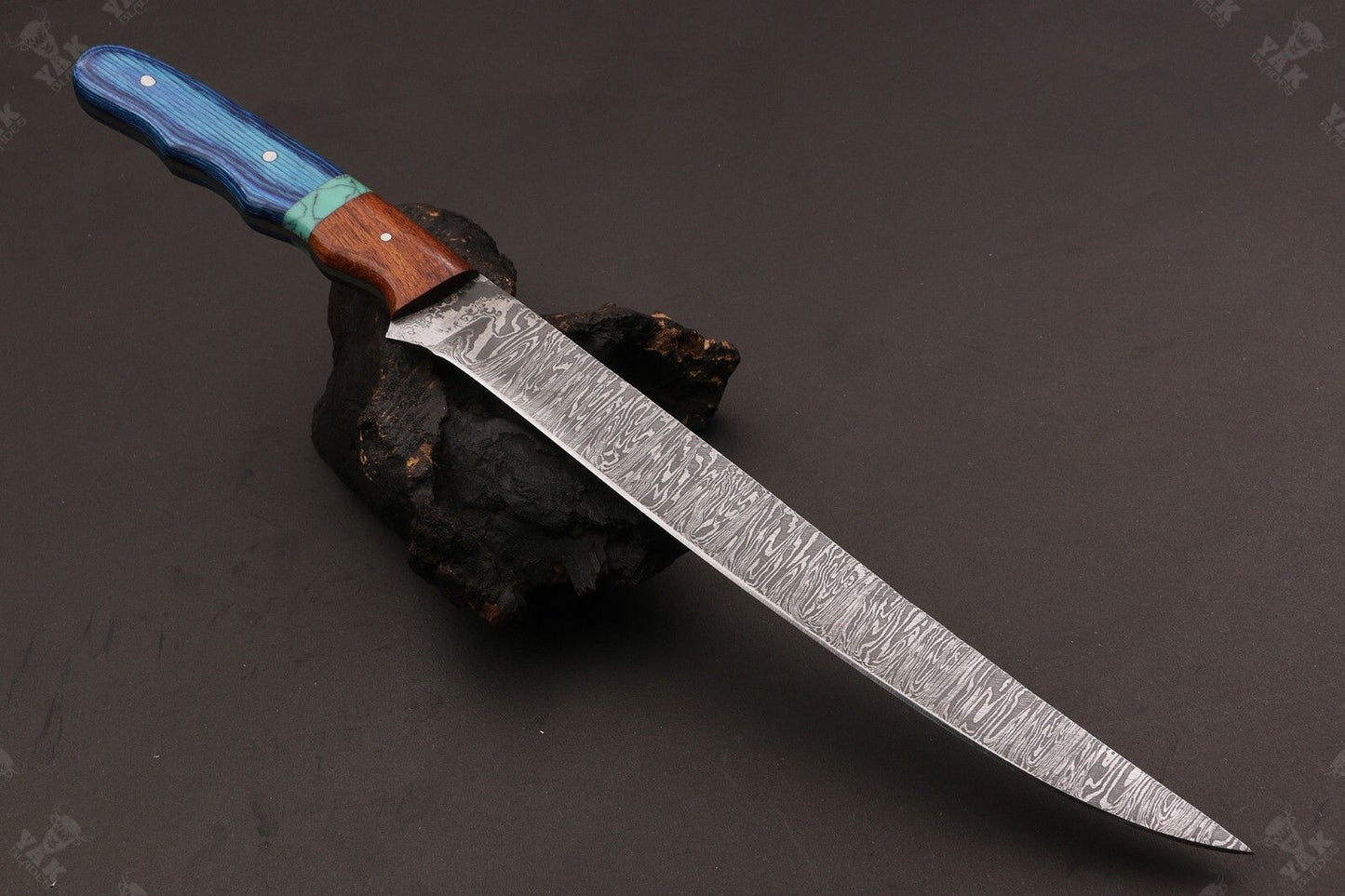 14" Custom Hand Forged Damascus Steel Fillet Knife Best Fillet Knife With Leather Sheath
