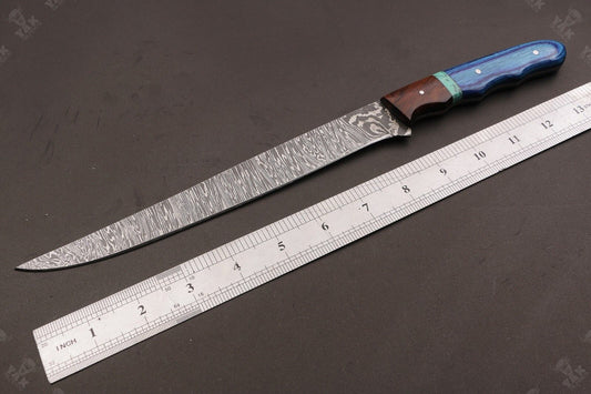 14" Custom Hand Forged Damascus Steel Fillet Knife Best Fillet Knife With Leather Sheath