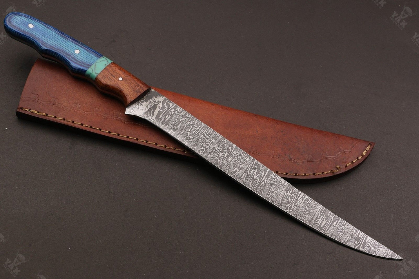14" Custom Hand Forged Damascus Steel Fillet Knife Best Fillet Knife With Leather Sheath