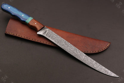 14" Custom Hand Forged Damascus Steel Fillet Knife Best Fillet Knife With Leather Sheath
