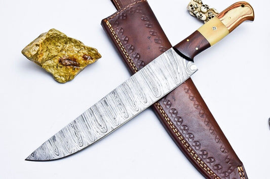 Custom Handmade Damascus Chef & Hunting Knife – 9" Blade with Bone & Wood Handle + Leather Sheath